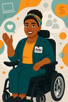Aida is a smiling woman wearing teal and yellow clothing and sitting in a wheelchair. She waves with one hand. Her name badge reads “Aida.” The background features colorful icons representing assistive technology, community, and accessibility.
