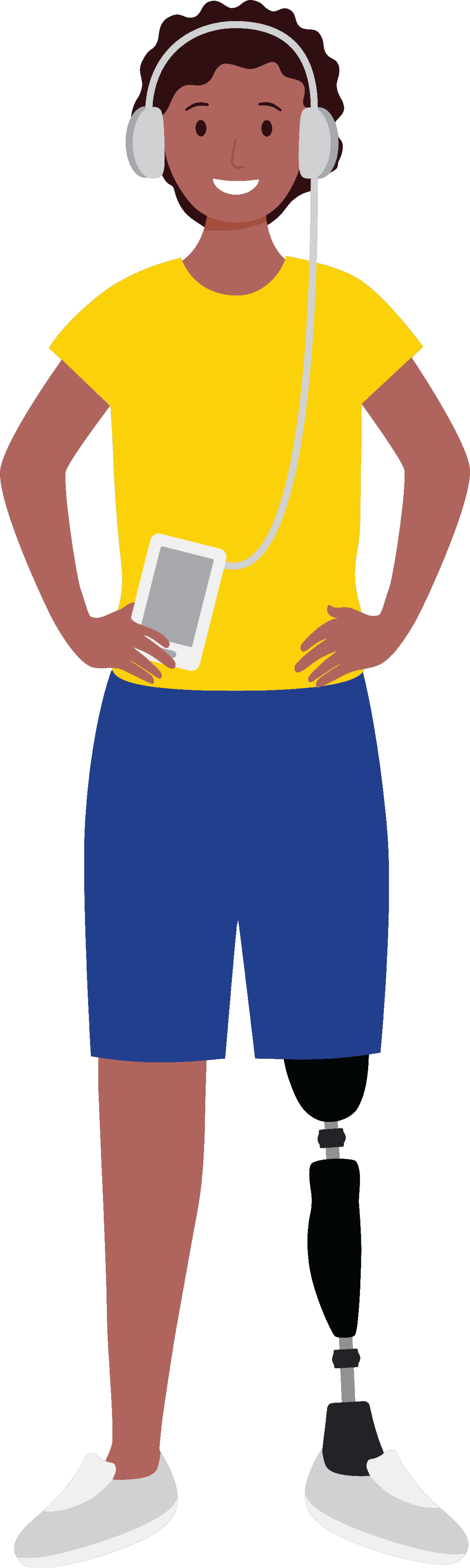 A drawing of an amputee wearing a yellow shirt, blue shorts, and white sneakers.
