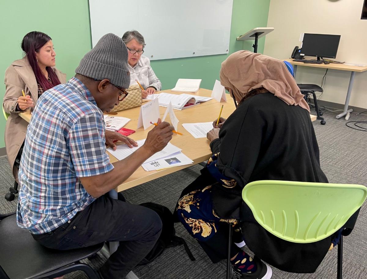Students working at tables