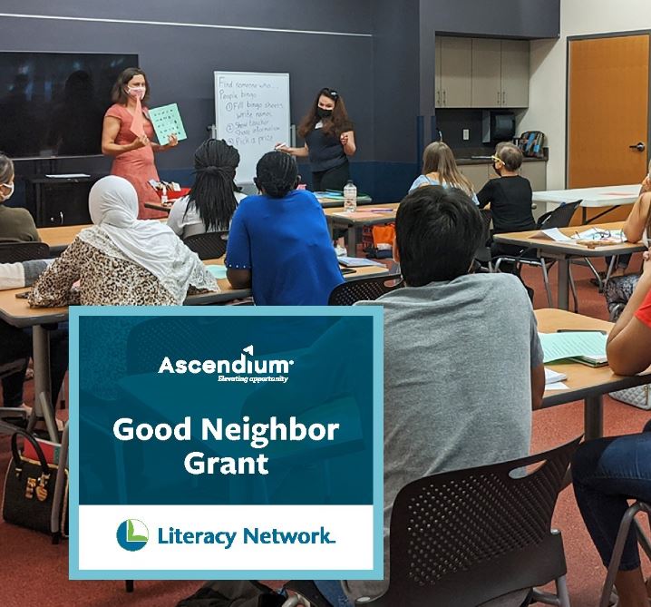Ascendium Good Neighbor Grant logo over instructor teaching in a classroom