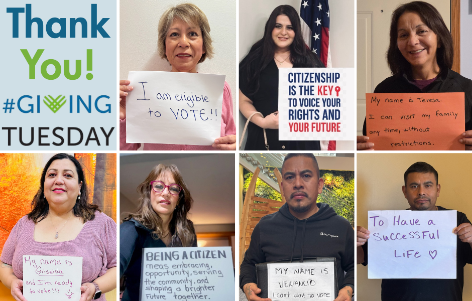 Thank you and citizenship students holding signs about why they're excited to vote!