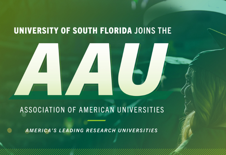 Woman in graduation cap with text that says: University of South Florida joins the AAU - Association of American Universities - America's Leading Research Universities