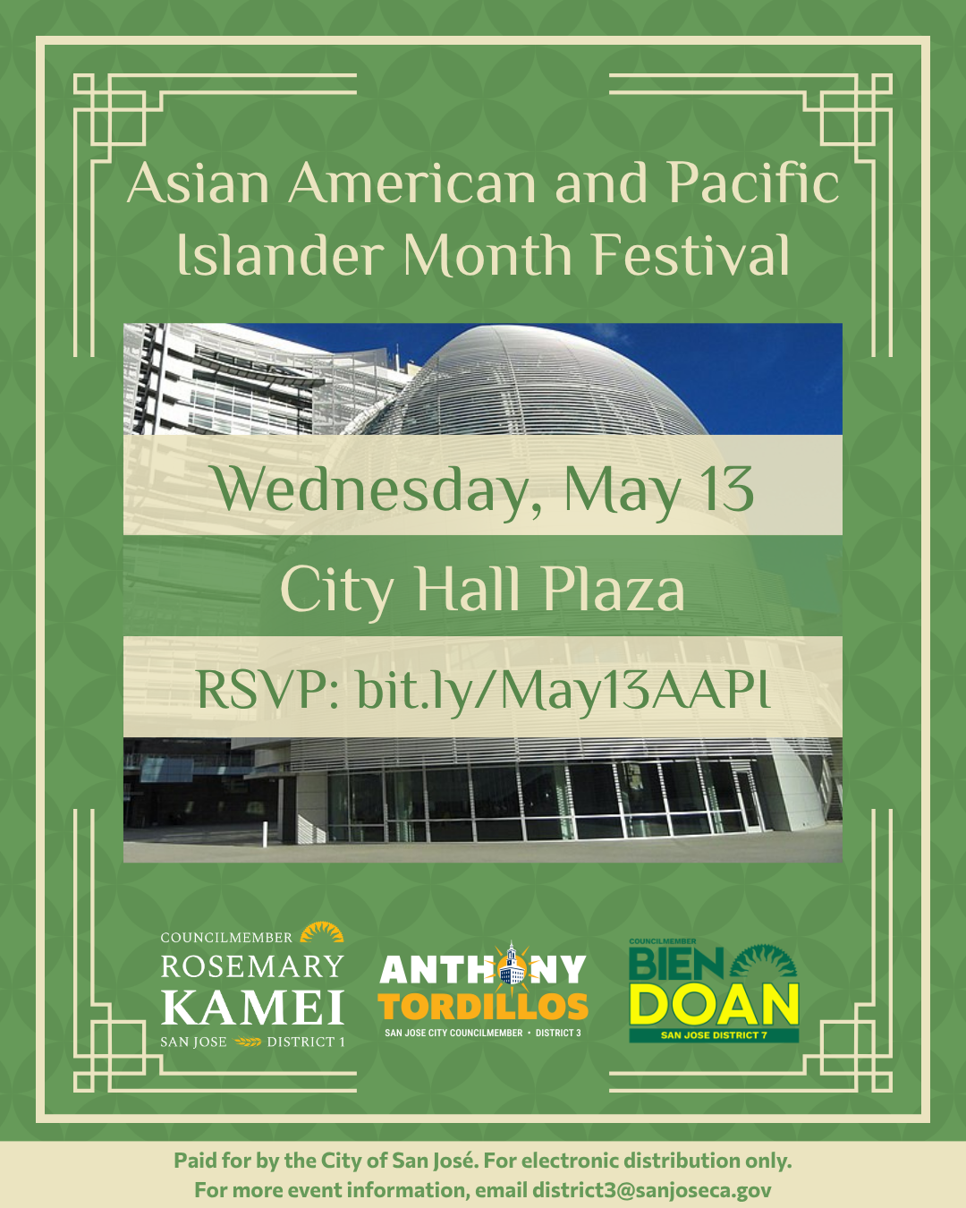 Flyer for the Asian American and Pacific Islander Month Festival on Wednesday, May 13 2026 at the City Hall Plaza. The event is sponsored by Councilmembers Rosemary Kamei, Anthony Tordillos, and Bien Doan. RSVP at bit.ly/May13AAPI