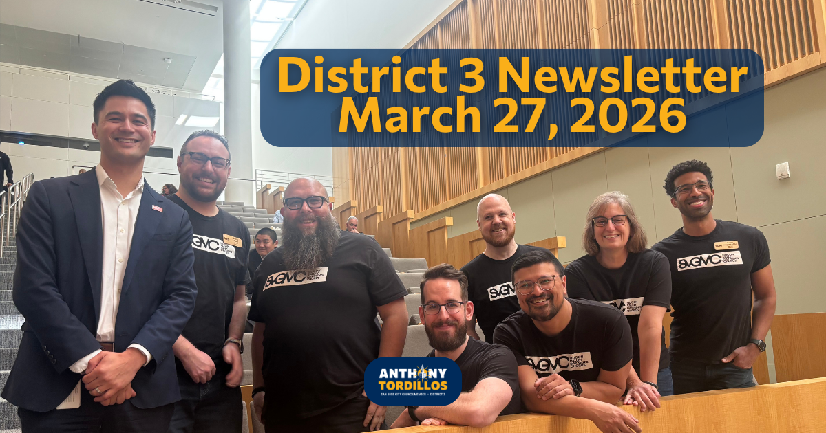 Councilmember Anthony Tordillos in City Council Chambers with seven members of the Silicon Valley Gay Men's Chorus