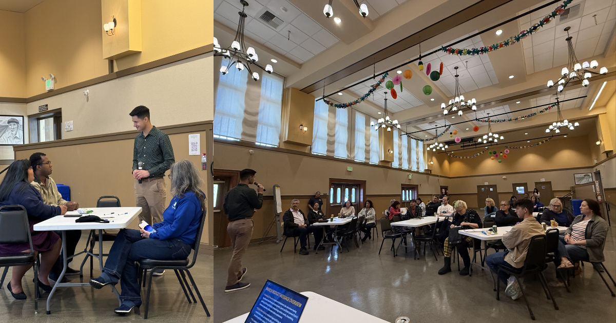 Collage of two images. On the left, Councilmember Anthony Tordillos speaking with three residents seated at a table. On the right, Councilmember Tordillos addressing a room of approximately 30 residents at his budget town hall.