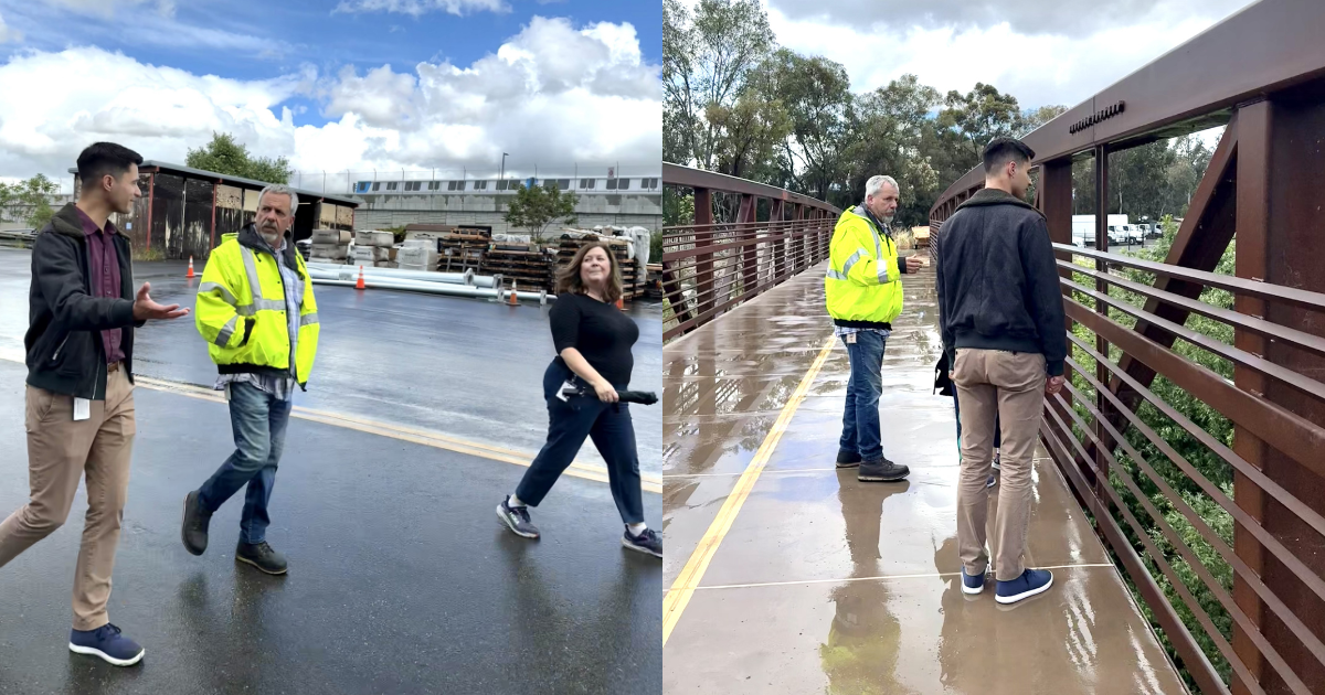 Collage of two images. On the left, Councilmember Anthony Tordillos walking through the Mabury Service Yard with two City employees. On the right, Councilmember Tordillos and City staff on a bridge on the Watson Park Trail.