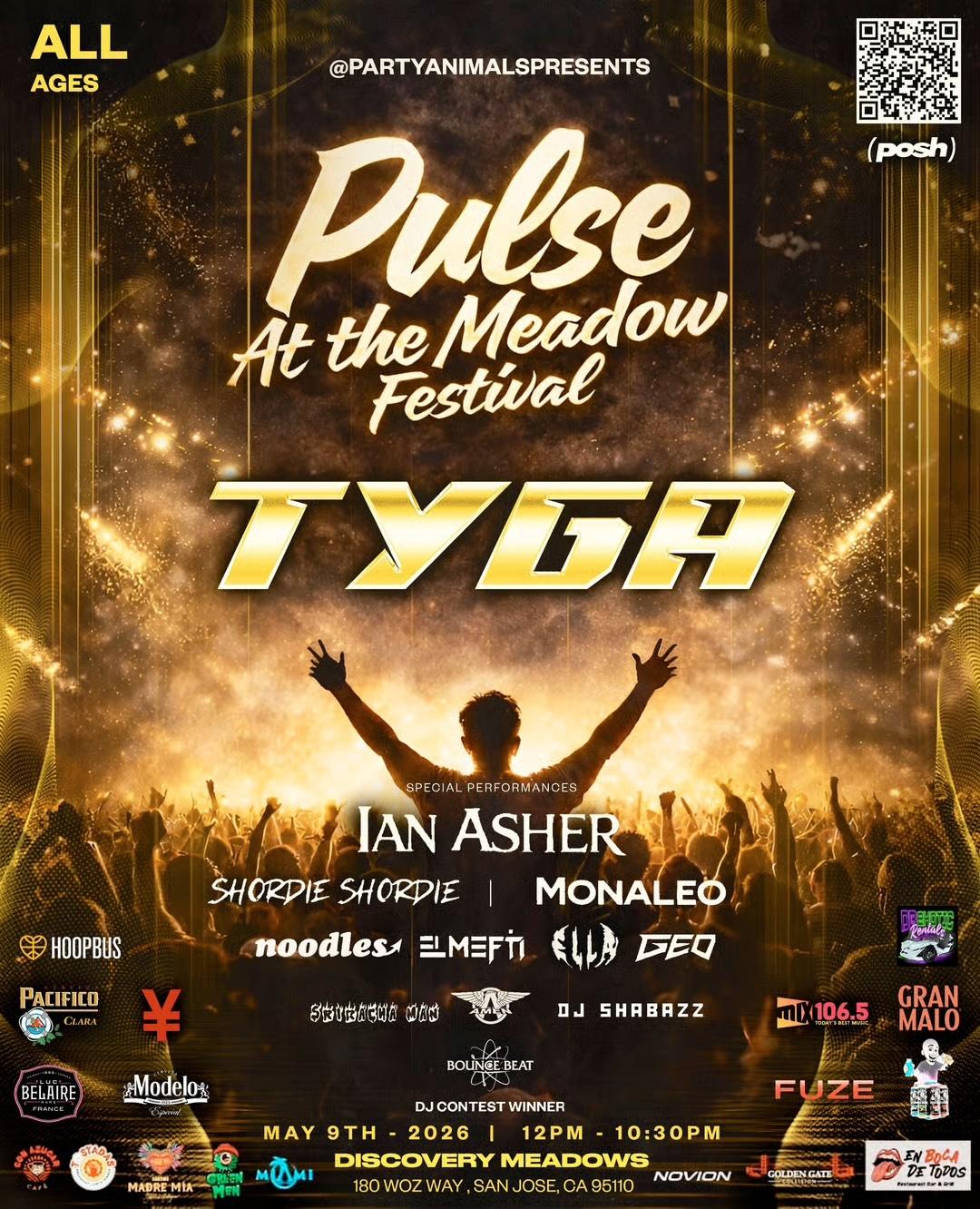 Flyer for Pulse at the Meadow Festival featuring Tyga and other artists on May 9, 12pm to 10:30pm at Discovery Meadow.
