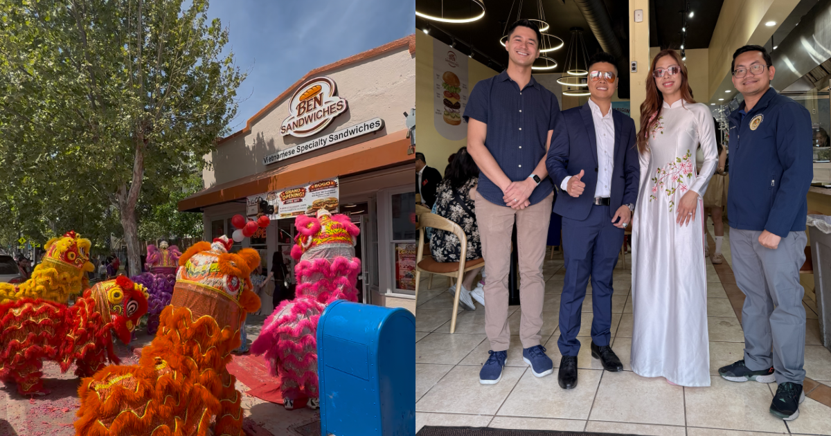 Collage of two images. On the left, five lion dancers in front of the storefront for Ben Sandwiches. On the right, Councilmember Anthony Tordillos inside Ben Sandwiches with three members of the community.