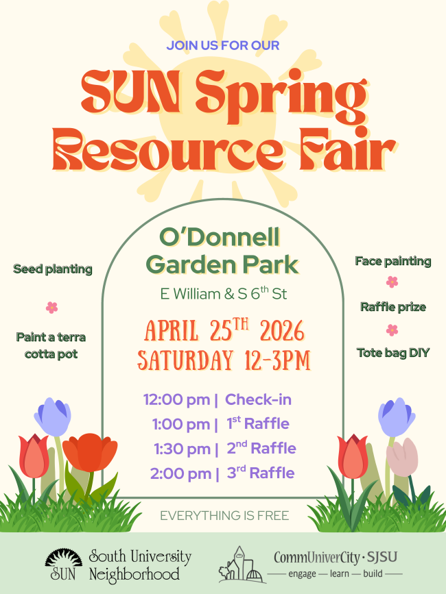 Flyer for the South University Neighborhood and CommUniverCity's Spring Resource Fair, taking place at O'Donnell Garden on April 25, 2026 from 1 pm to 3 pm. This event features raffles, seed planting, totebag DIYs and terracotta pot painting. Everything is free!
