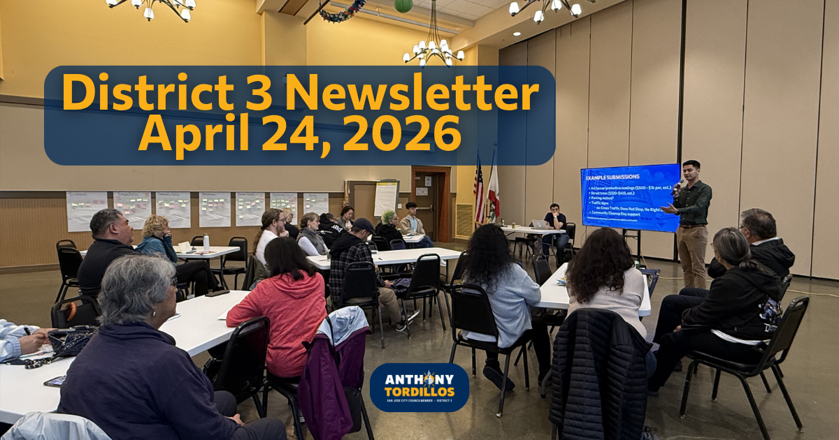 Councilmember Anthony Tordillos addressing residents gathered for his District 3 Budget Town Hall. On the top left, the words "District 3 Newsletter April 24, 2026" in yellow with a blue bubble.