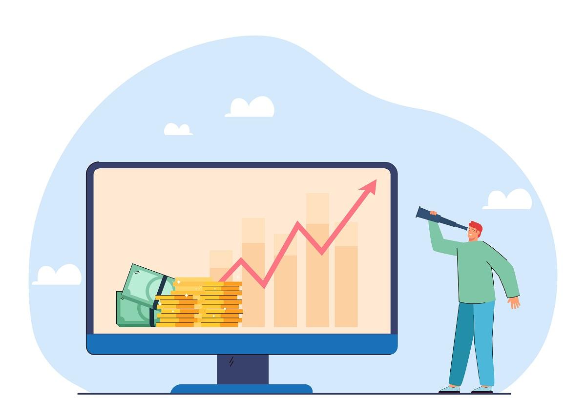 cartoon man looking at profit chart