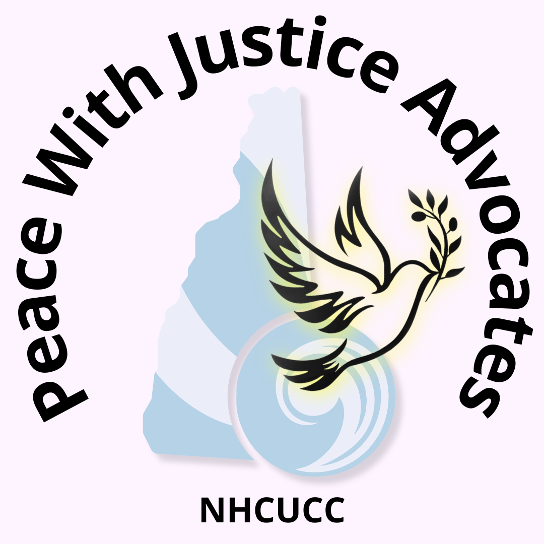 Peace WIth Justice Advocates Logo with dove flying over NHCUCC blue state background with comma on light purple background 