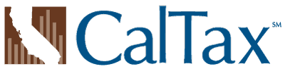 CalTax logo with CALTAX written in blue ink and a cut out map of the state of California in brown.