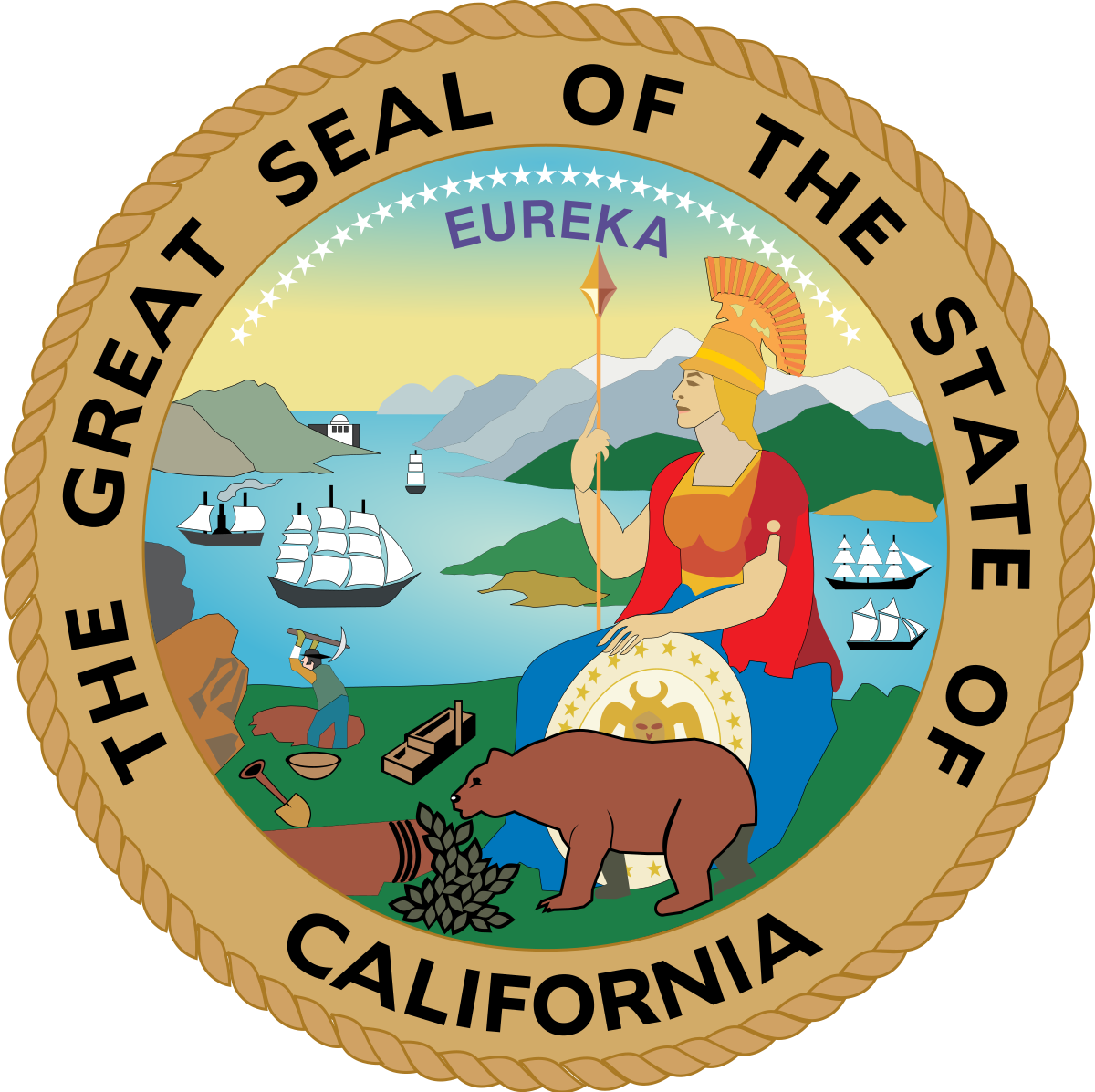 A picture of the Great Seal of the State of California with the word Eureka printed above Minerva and a California Grizzly Bear.
