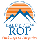 Baldy View logo sun setting behind Mt. Baldy with the words Baldy View ROP Pathways to Prosperity