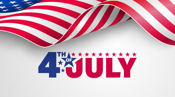 American flag across the top of the image with the words 4th of July in red and blue in the center against a white background