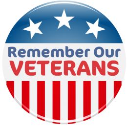 Circle with the words Remember Our Veterans written in the middle with three white stars set on a blue background above and red and white lines below