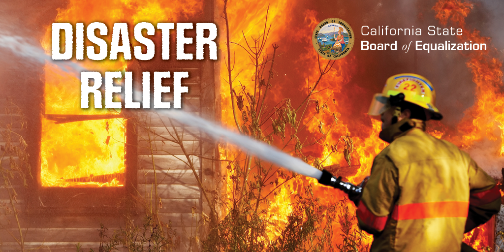 Picture of a structure on fire with a firefighter holding a hose and spraying water on it with the words Disaster Relief in the upper left corner