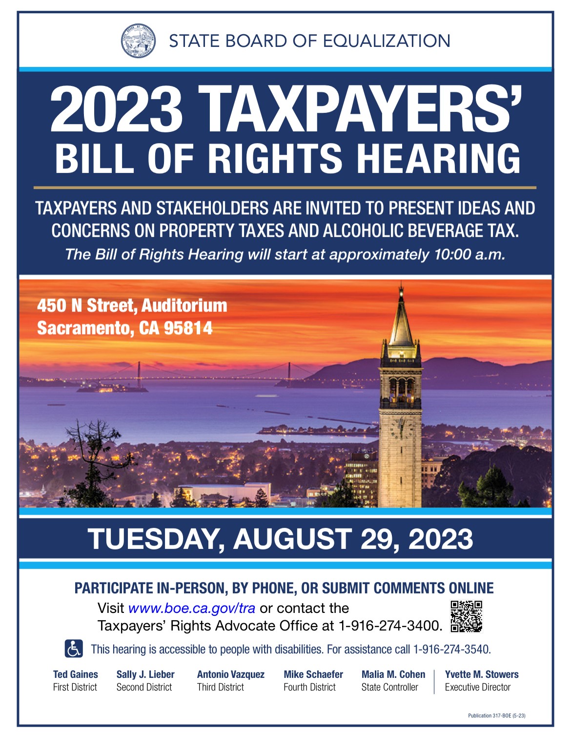 Poster with photo of a cityscape overlooking water with information about the 2023 Taxpayers' Bill of Rights Hearing on Tuesday August 29. More information at www.boe.ca.gov