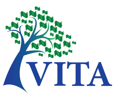 VITA clip art blue tree with green dollar bills representing leaves. VITA written out in blue ink
