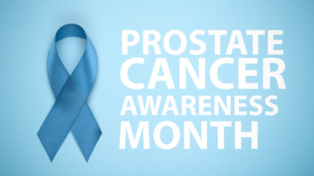 Light blue ribbon with Prostate Cancer Awareness Month next to it. 