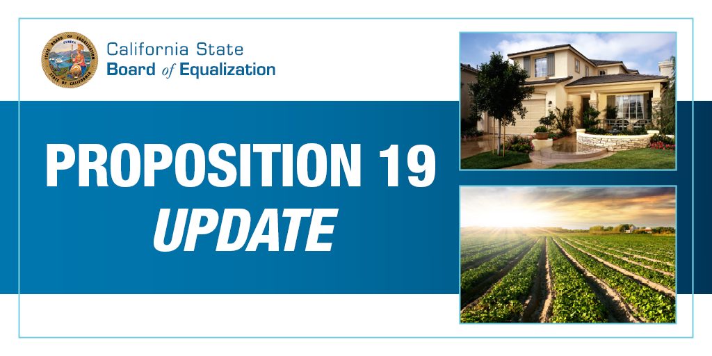 Text reads Proposition 19 Update in white set on blue background alongside images of a home and rows of crops