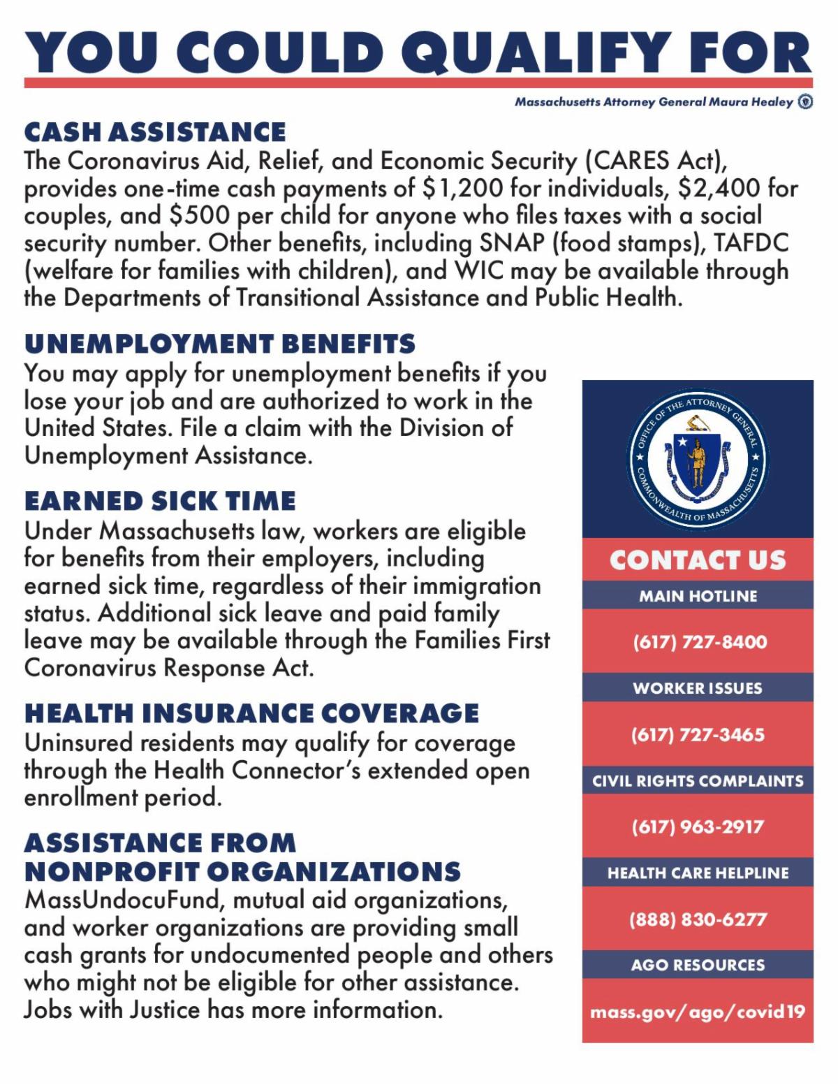 Poster from MA Attorney General's office on resources during the pandemic