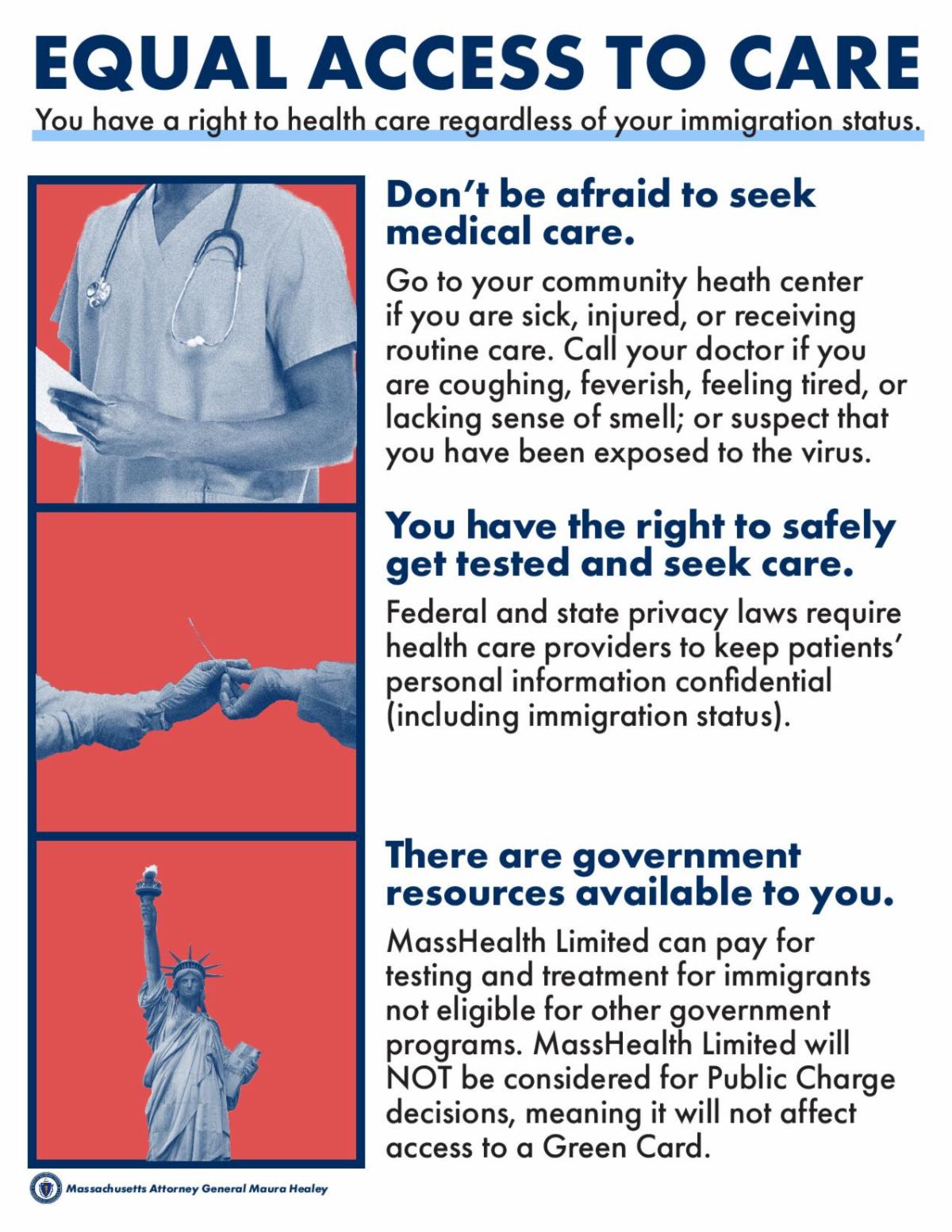 Poster from MA Attorney General's office on immigrant access to care during the pandemic