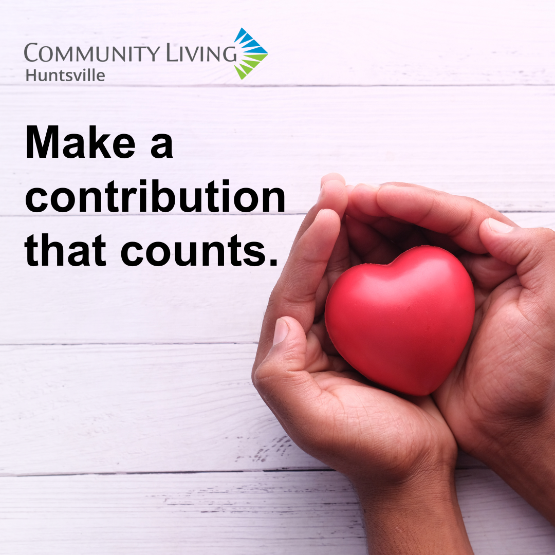 2 hands cupped to hold a red heart shaped toy plus text that reads make a contribution that counts