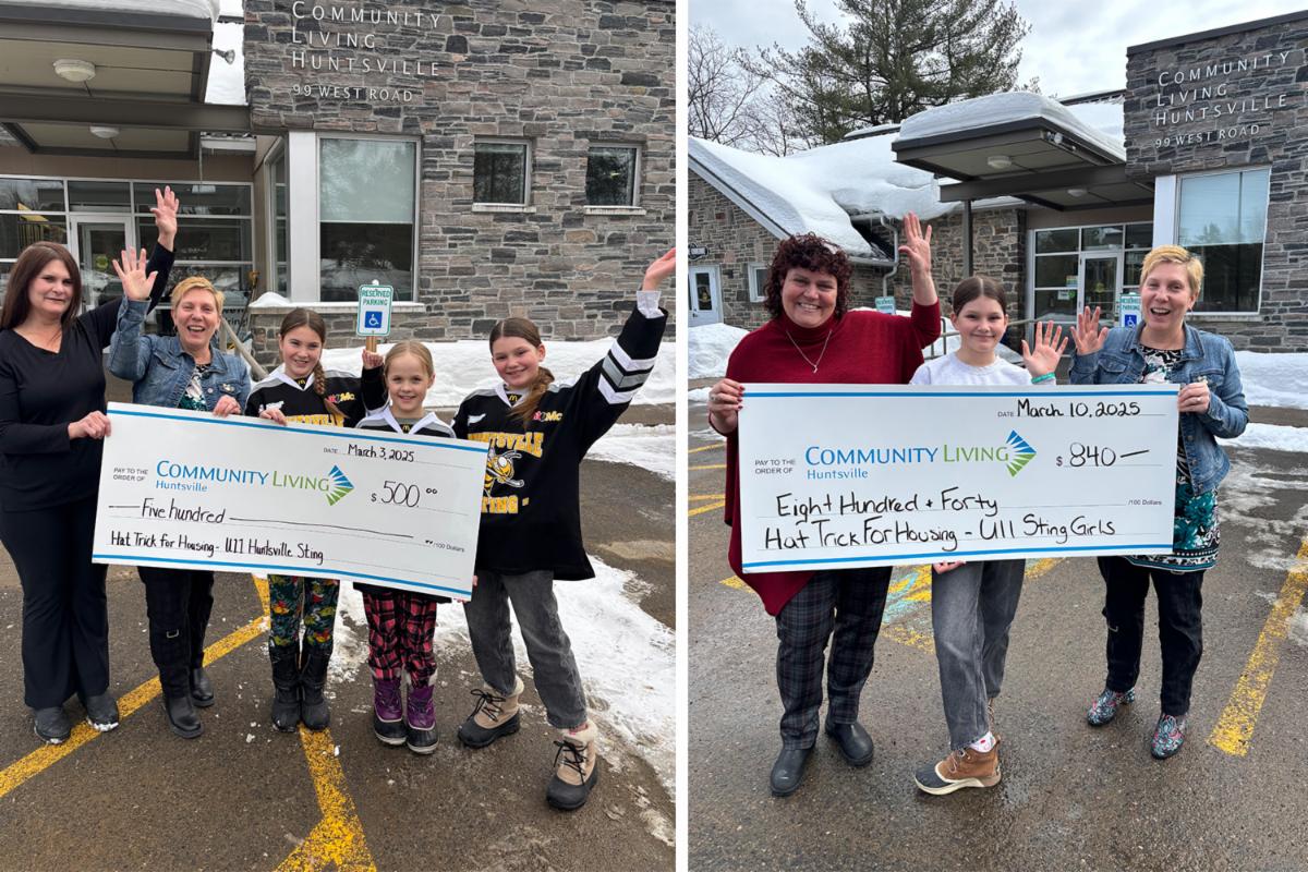 2 photos of women and girls holding large presentation cheques 1 for 500 dollars and 1 for 840 dollars