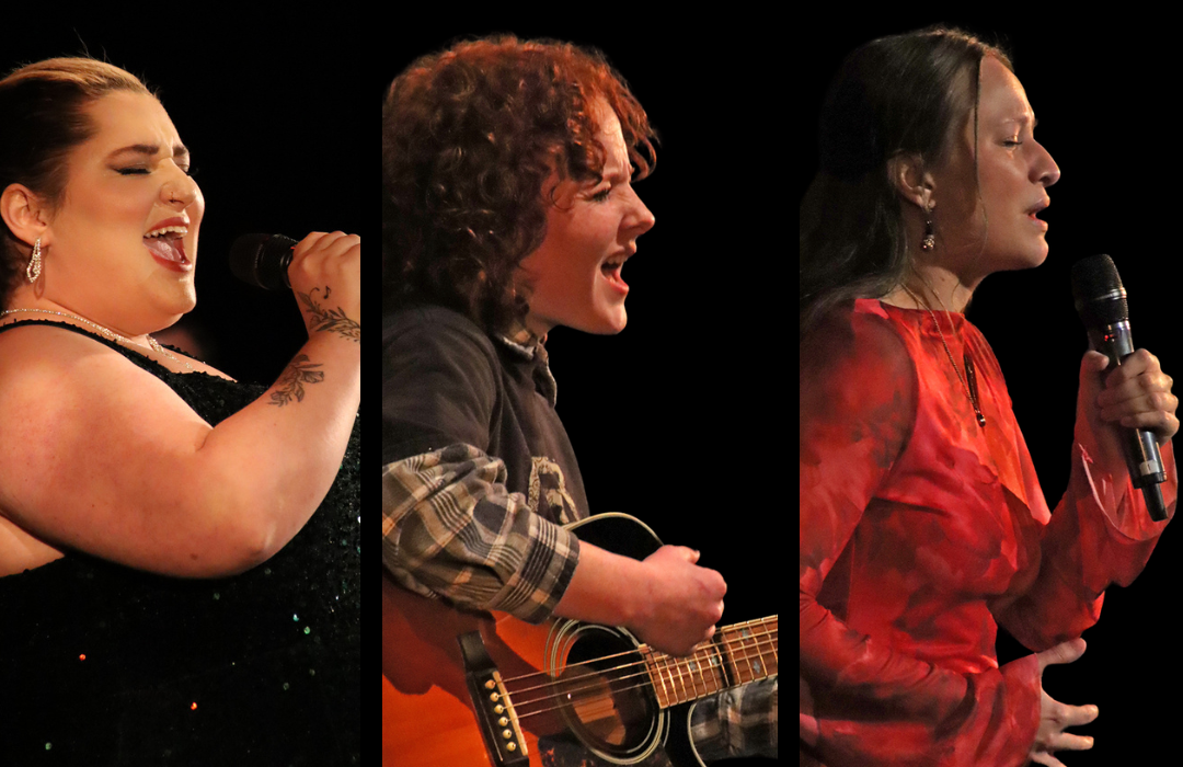3 photos with each 1 of a performer singing into a microphone