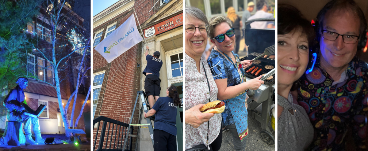 Collage of 4 photos with blue and green floodlit building flag raising women at barbecue and people dancing