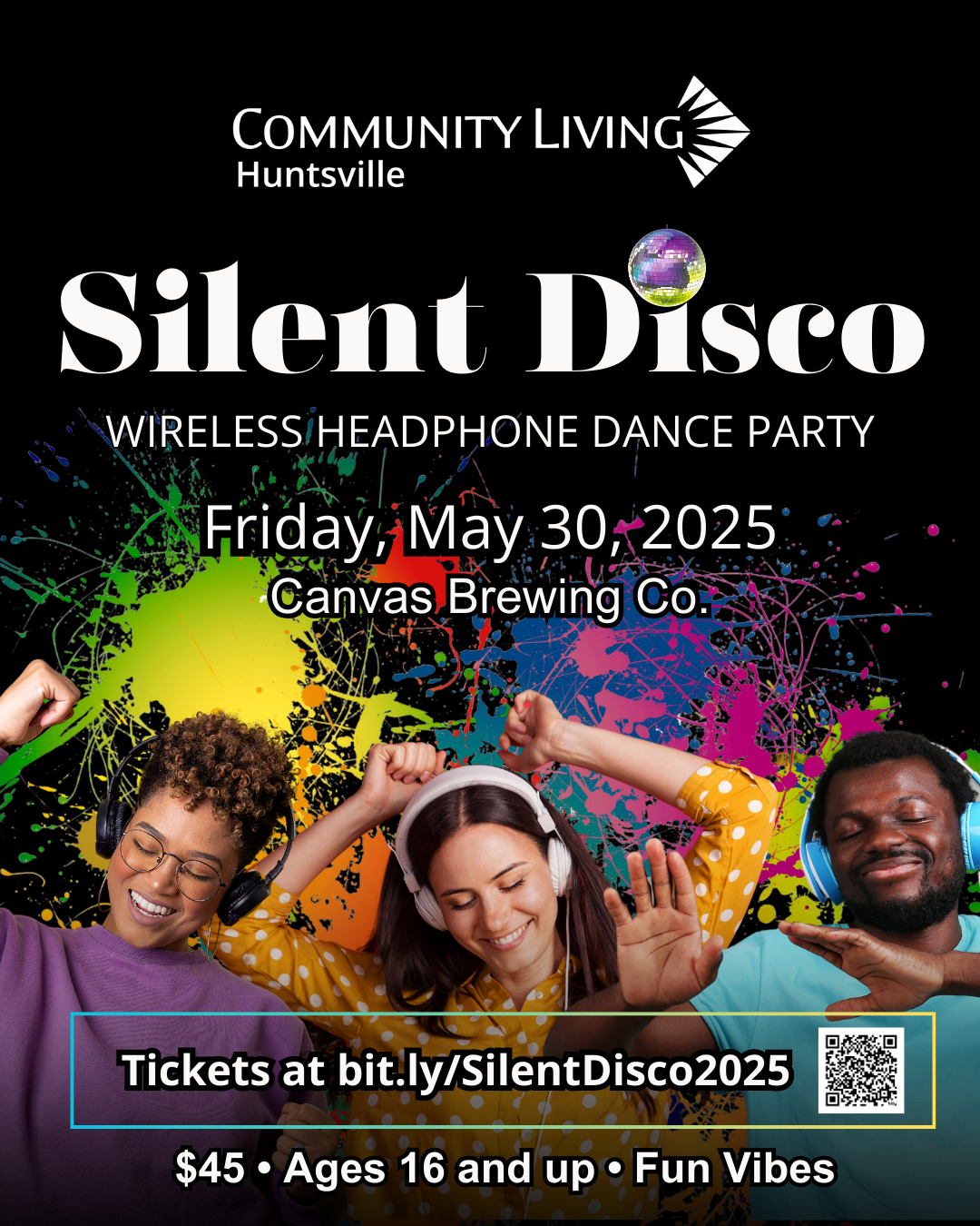 A poster for a Community Living Huntsville Silent Disco in May 2025