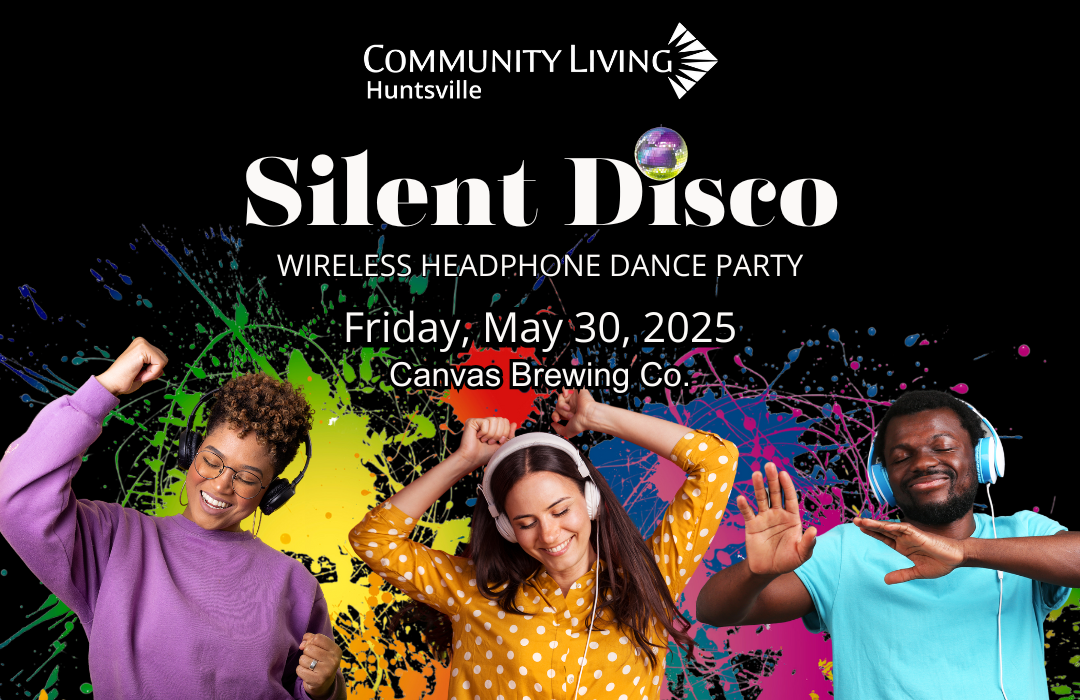 3 people dancing with headphones on and text that reads silent disco wireless headphone dance party May 30 2025