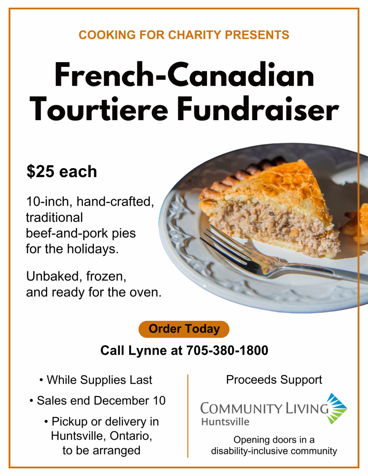 a poster for a tourtiere fundraiser by cooking for charity