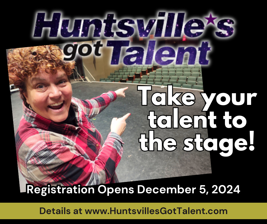 a woman in a theatre points to centre stage as text says take your talent to the stage