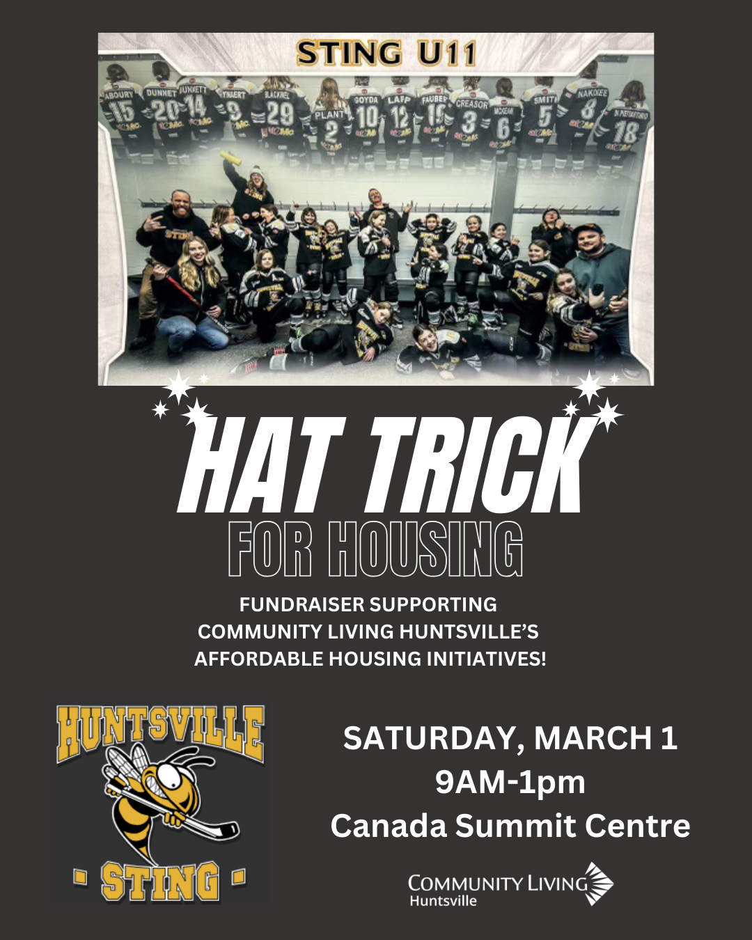 a poster for Huntsville Sting U11 Hat Trick for Housing in March 2025