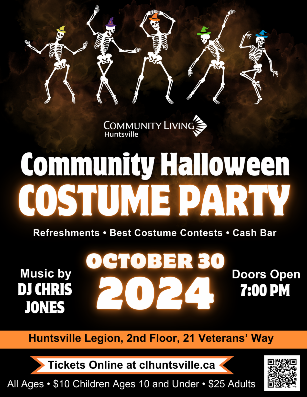 A poster for a Community Halloween Costume Party hosted by Community Living Huntsville in October 2024.
