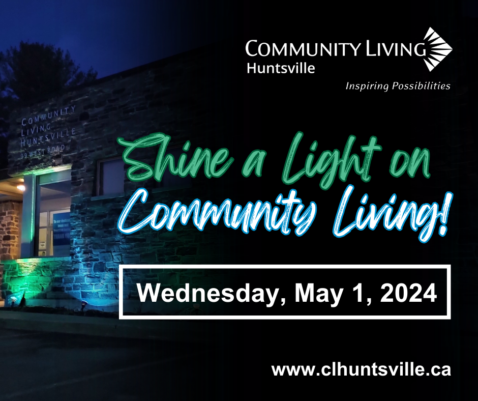 A photo of a stone building light at night with blue and green flood lights. Text reads: Shine a Light on Community Living