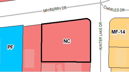 Located at the southwest corner of Hunter Lake Drive and Mayberry Drive