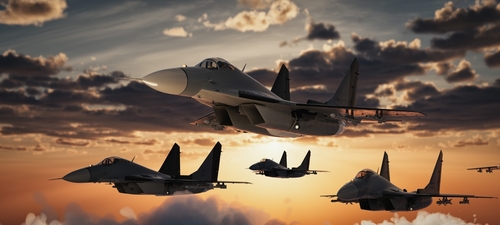 Three advanced military fighter jets flying in formation through cloudy sky_ showcasing air force power and modern aviation technology.  