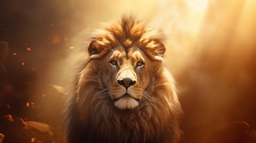 powerful lion with majestic mane in background