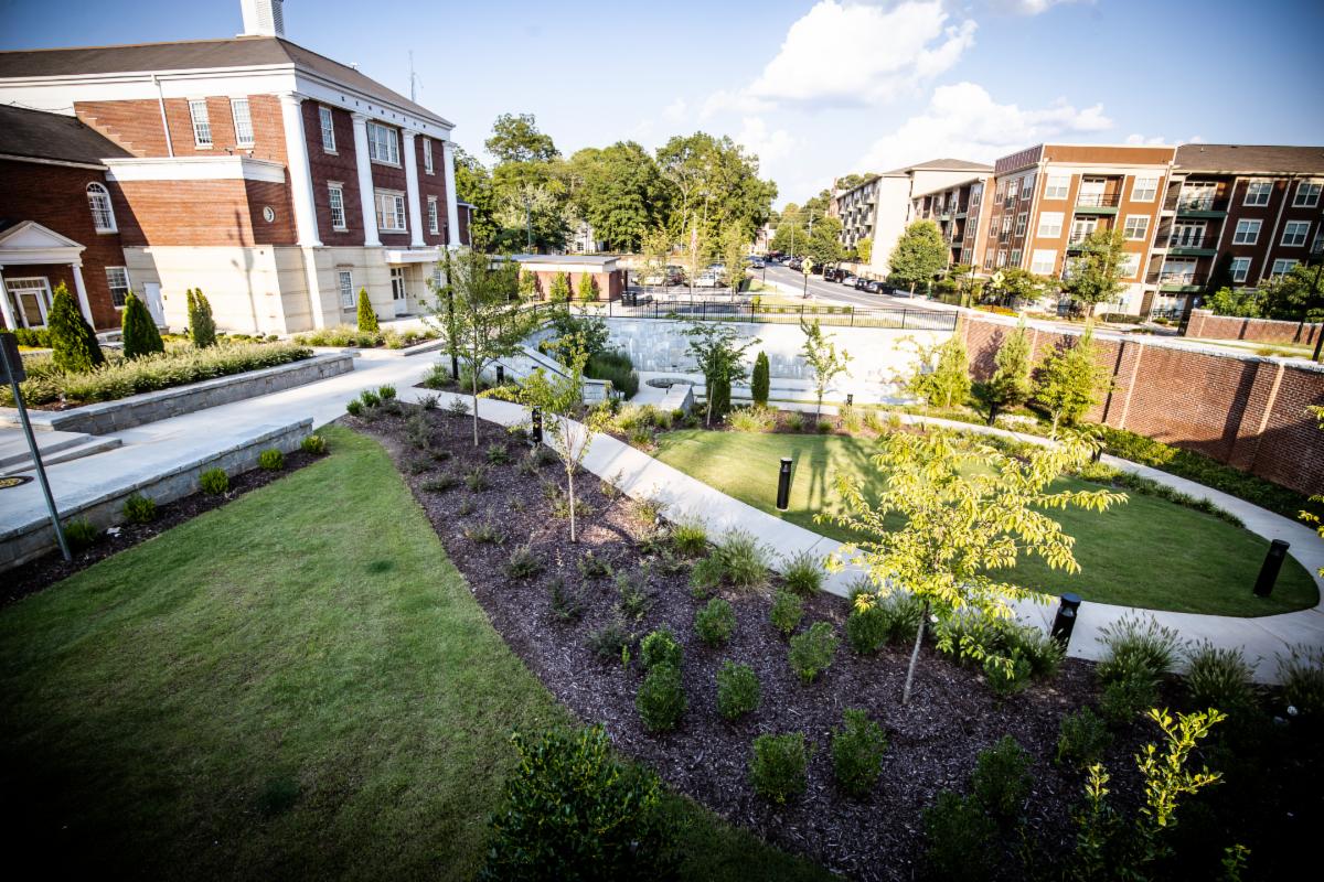 The back of City Hall overlooking the garden