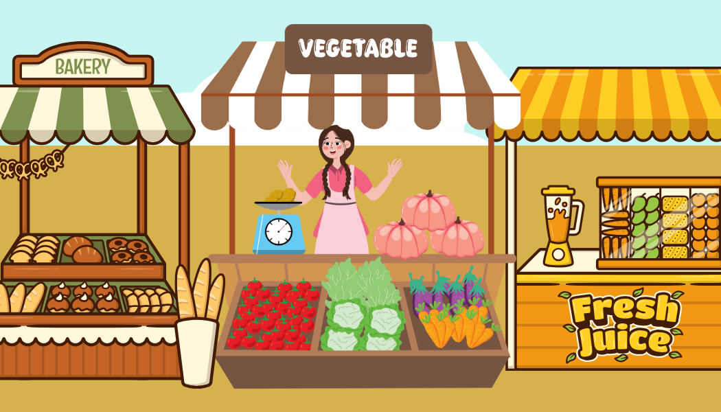 Illustrated outdoor market scene with three colorful vendor booths. From left to right: a bakery stand displaying loaves of bread and pastries, a vegetable stand with a smiling vendor and produce including tomatoes, cabbage, carrots, pumpkins, and eggplants, and a fresh juice stand featuring a blender and a display of sliced fruits like oranges, kiwis, and pineapples.
