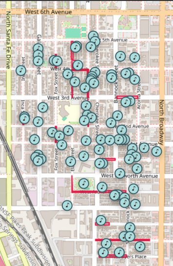 Map with music icons showing where bands will be hosted.
