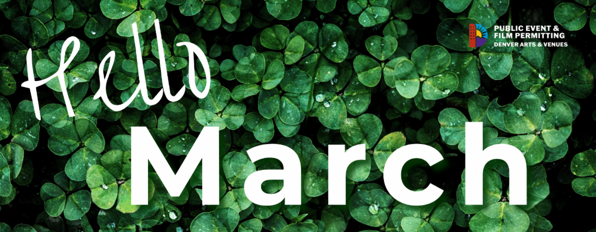 Image of shamrocks with text hello march and department logo.