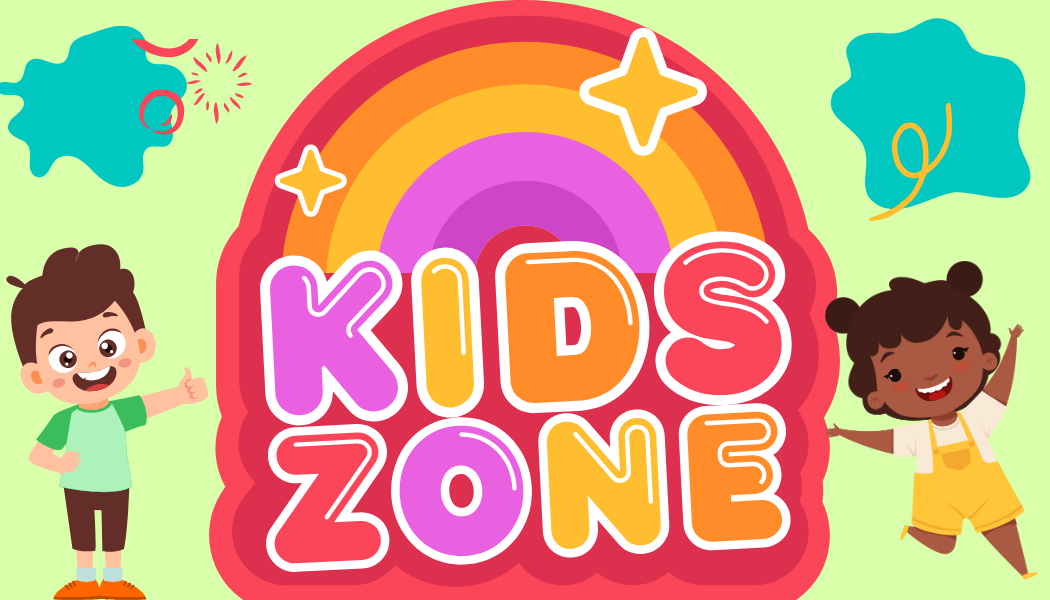Colorful illustration with a large rainbow and the bold words "KIDS ZONE" in vibrant, bubble-style letters. A smiling boy gives a thumbs-up on the left, and a cheerful girl waves on the right. Decorative shapes and sparkles surround the central rainbow design on a light green background.