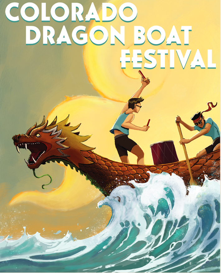 Graphic of two individuals on a dragon boat