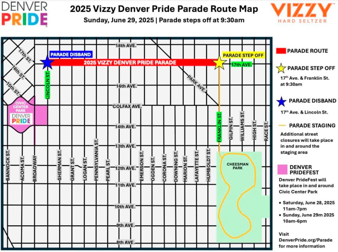 Map of the 2025 Denver Pride Parade on June 29, showing the route from 17th & Franklin to 17th & Lincoln, with staging near Cheesman Park. Civic Center Park hosts PrideFest June 28–29. Major streets and event locations are labeled.