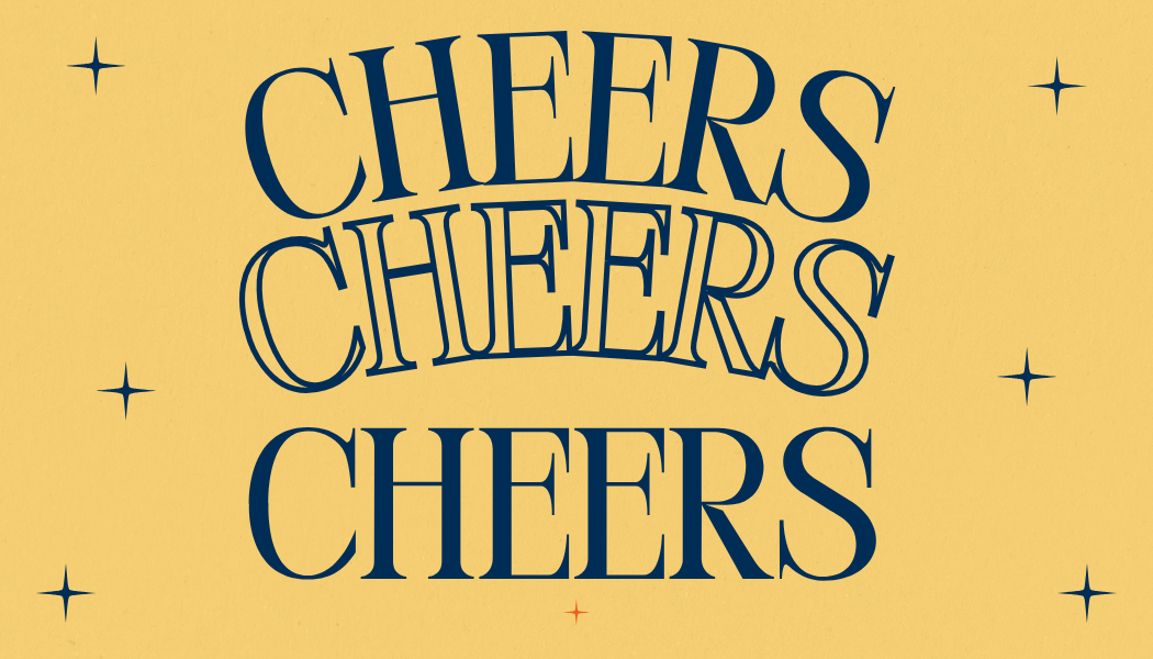 Illustration with a yellow background featuring the word "CHEERS" repeated three times in bold, stylized navy blue letters. The text is arranged in a stacked and slightly curved layout, surrounded by small star-like accents.